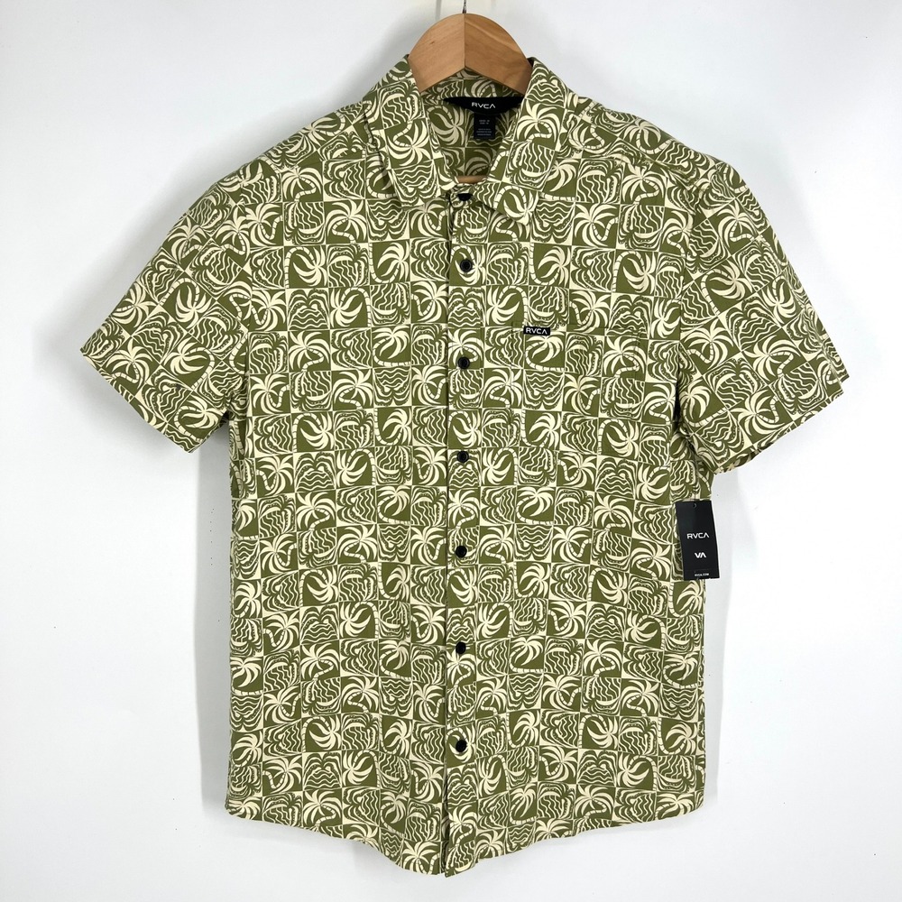 RVCA Exotic Palms SS Button Up Shirt Mens Medium Sage Green Tropical 23A040240B